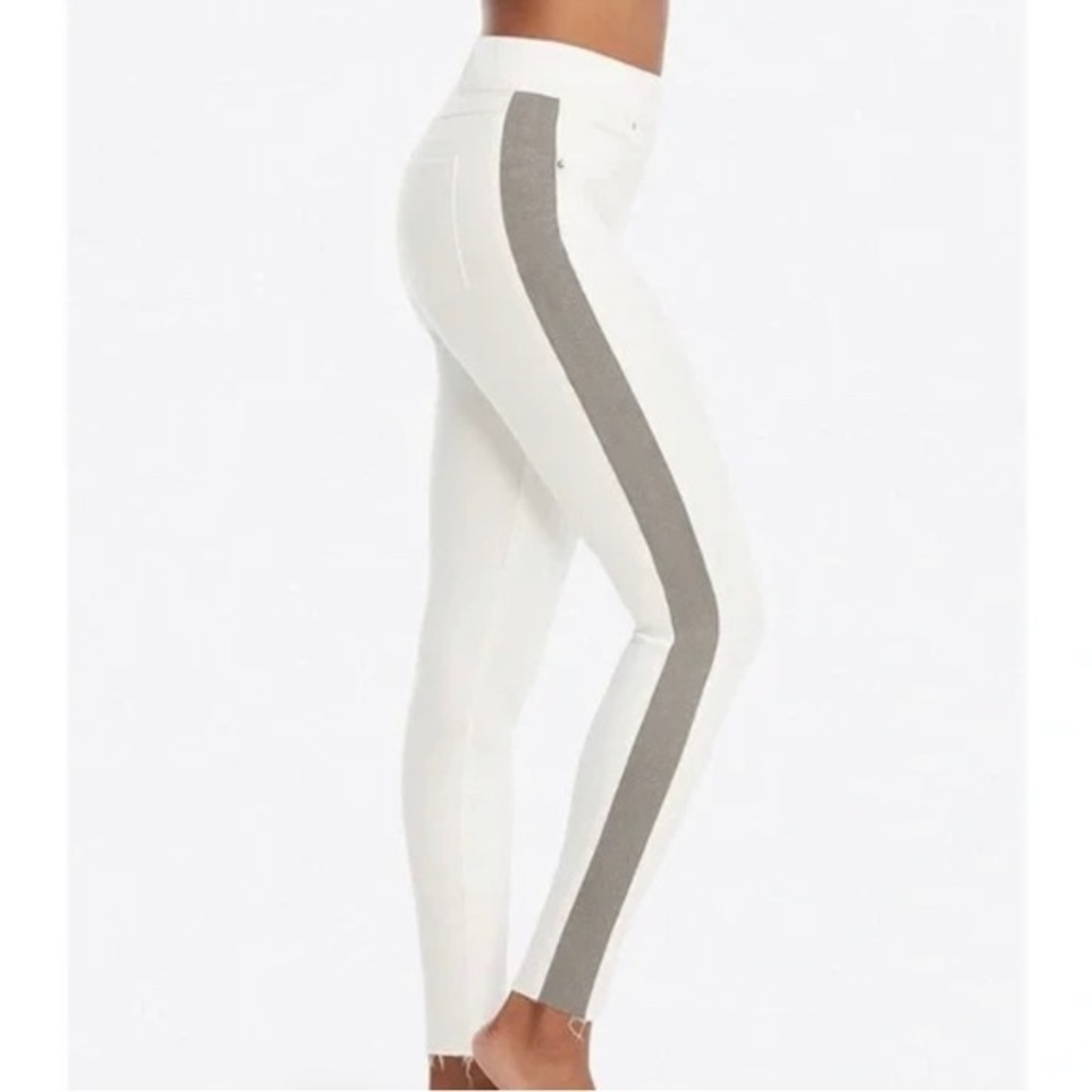 Women’s Spanx Ankle Skinny Jeans Raw Hem L Large White/Vintage Gray Side Stripes